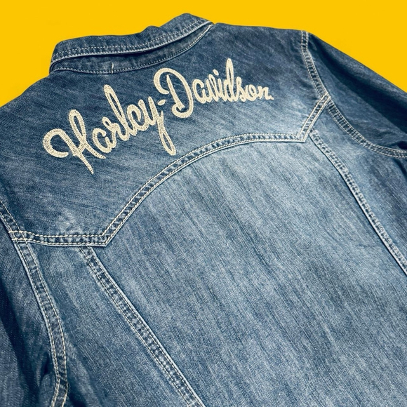 Harley-Davidson Denim Button Down Shirt Women XL Western Snap Logo Embroidered - Picture 9 of 10